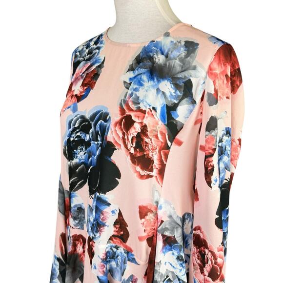 CeCe Pink Peony Floral Print Long Sleeve Peplum Chiffon Tunic Blouse - Picture 6 of 10
